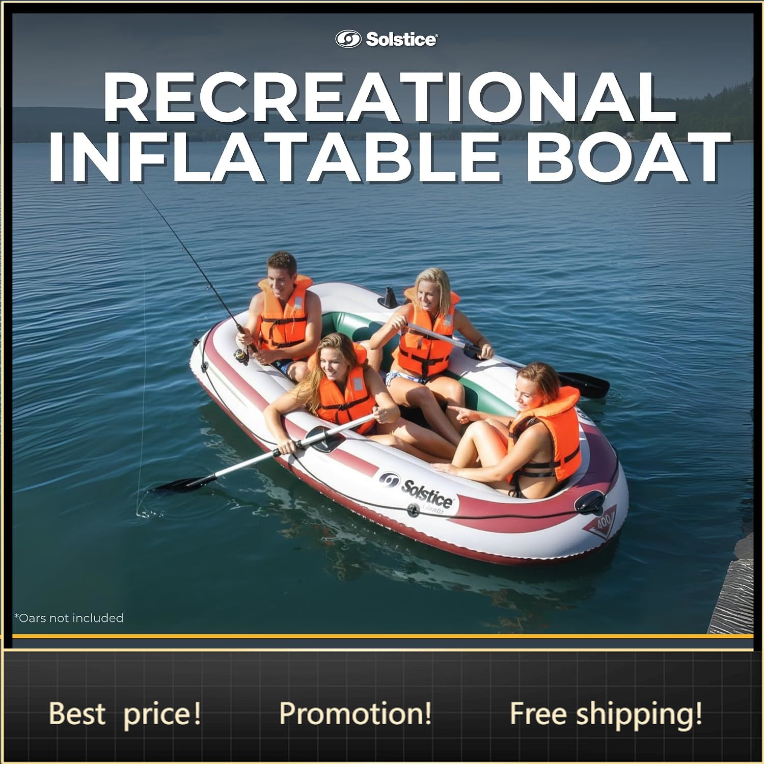 Fishing Boat Oar - ベストセラーSolstice Voyager 4人用インフレータブルフィッシングボート、デュアルスイベルオールロックとロッドホルダー付き、モーター対応 9フィート x 5フィート