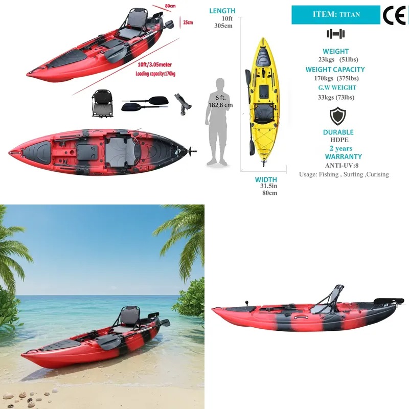 Fishing Boat Seat - 10フィートシングルシートシットオンフィッシングパドルカヤック、電動モーター付きカヌー、1人乗りHDPEカヤック、大容量収納ボート