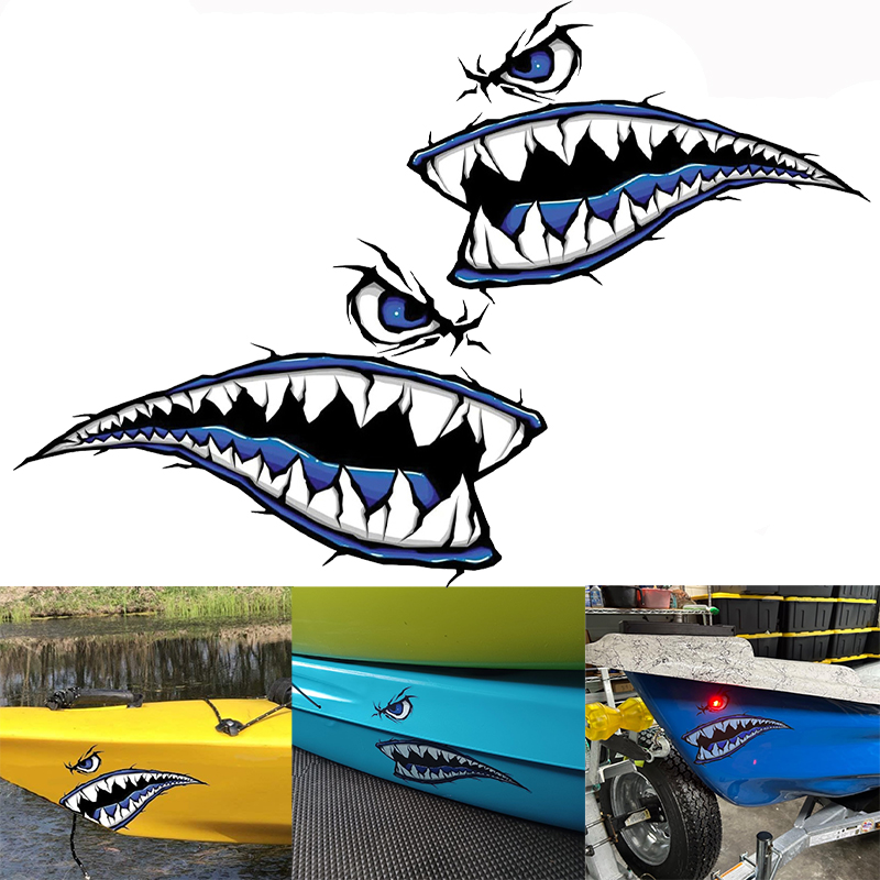 Fishing Boat Oar - 2 個サメの歯口ボートステッカー防水 DIY カヤック漁船カヌー車のトラック日焼け止め修正ビニールデカール